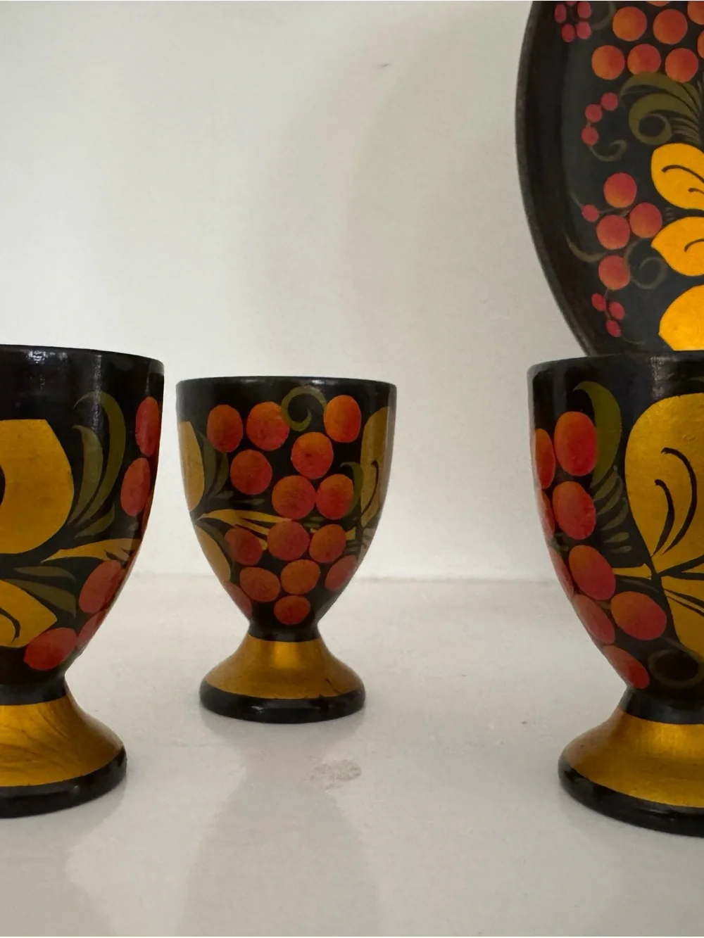 Vintage 7-Piece Russian Khokhloma Lacquerware Set.